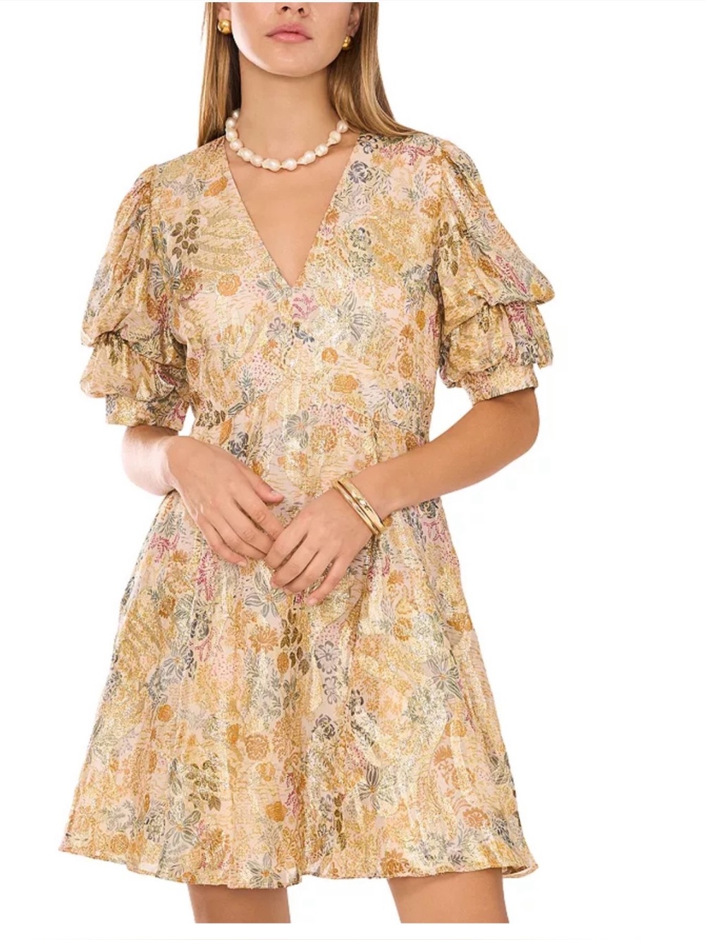 1. State Metallic Floral Tiered Bubble Sleeve Dress